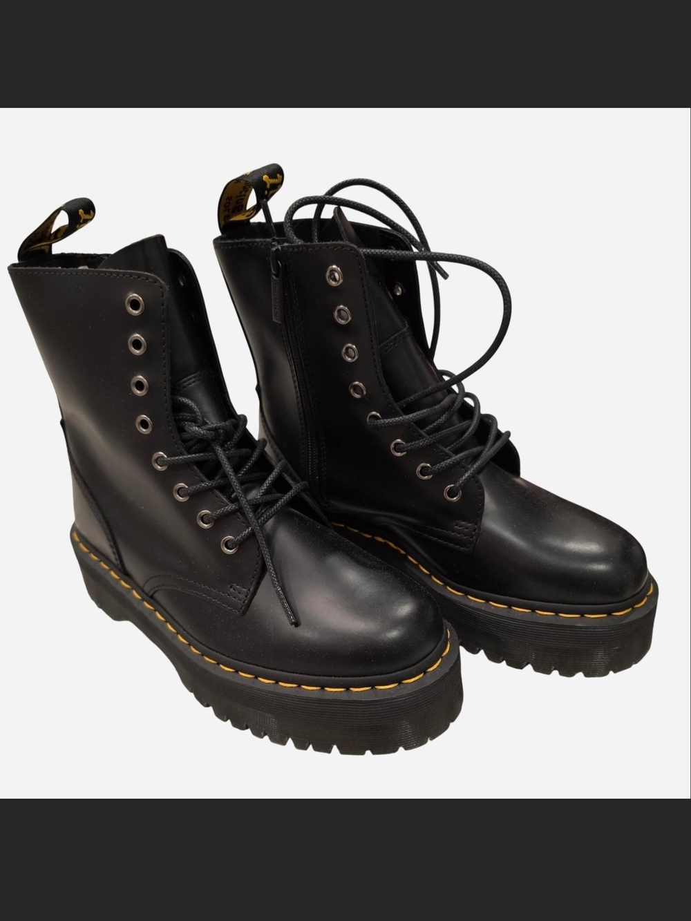 Dr. Martens Black Lace-Up Platform Combat Boots with Yellow Welt Stitching